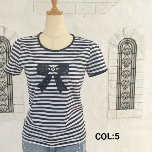 画像2: 【LaLa ラストセール】スパンコールリボン絵柄Ｔシャツ 送料220円代引は通常送料 (2)