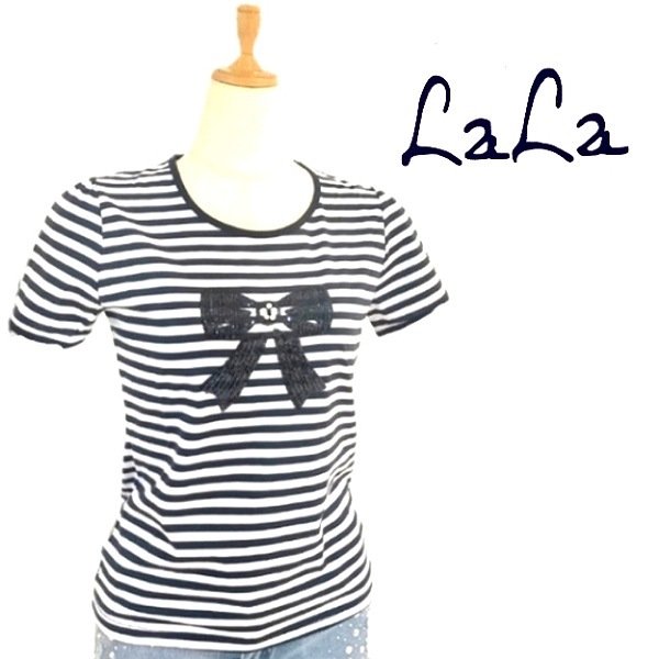 画像1: 【NEW BRAND LaLa　ラストセール】スパンコールリボン絵柄ビジューとパール飾りＴシャツ《送料220円代引は通常送料》 (1)