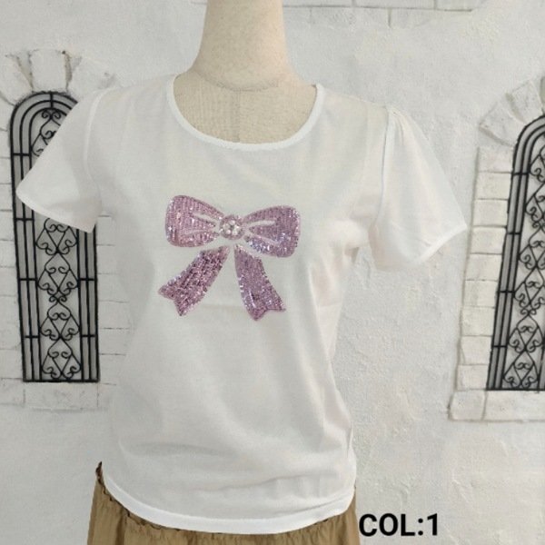 画像10: 【LaLa ラストセール】スパンコールリボン絵柄Ｔシャツ 送料220円代引は通常送料 (10)