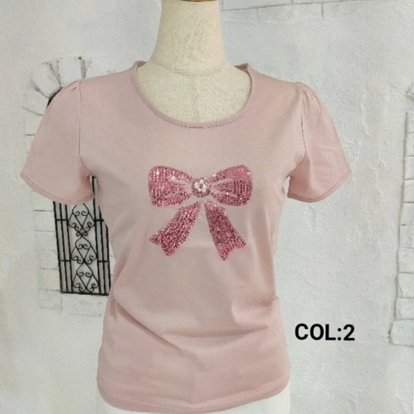 画像6: 【LaLa ラストセール】スパンコールリボン絵柄Ｔシャツ 送料220円代引は通常送料 (6)