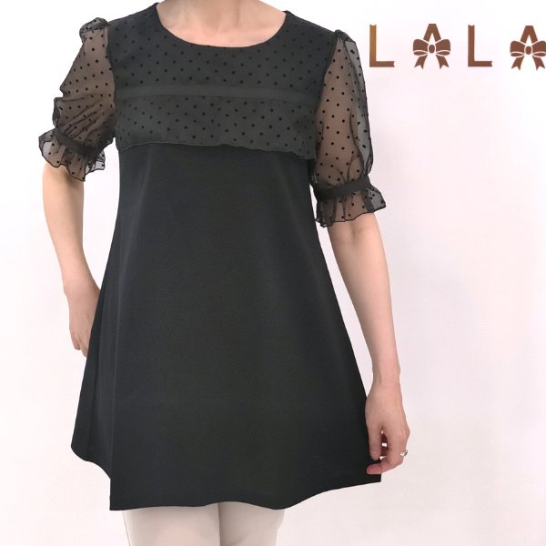 画像1: 【SALE4,900円 NEW BRAND LaLa】＜クーポンポイント不可＞ドッド袖の切替チュニック (1)