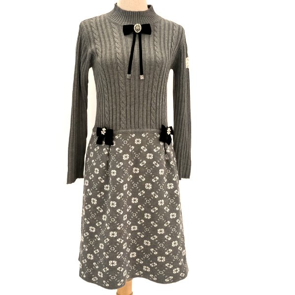 画像5: 【超特価 7,900円＜在庫限り＞クーポン/POINT不可】胸元リボンブローチウェスト切替ハイネックニットワンピース (5)