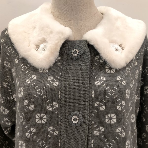画像10: 【SuperBeauty  】 衿ファー×ビジュー使用ジャガード編みニットジャケット (10)