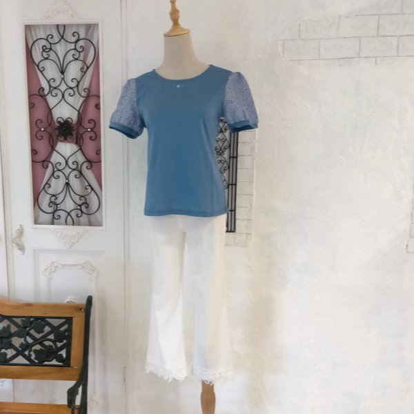 画像9: 【LaLa 】グレードアップ裾花刺しゅう×ストレッチクロップド七分丈パンツ  送料220円代引は通常送料 (9)