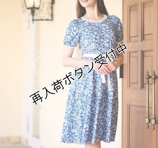 画像1: 【●半額以下！超特価！！● 】ブルー系小花プリント半袖ワンピース (1)