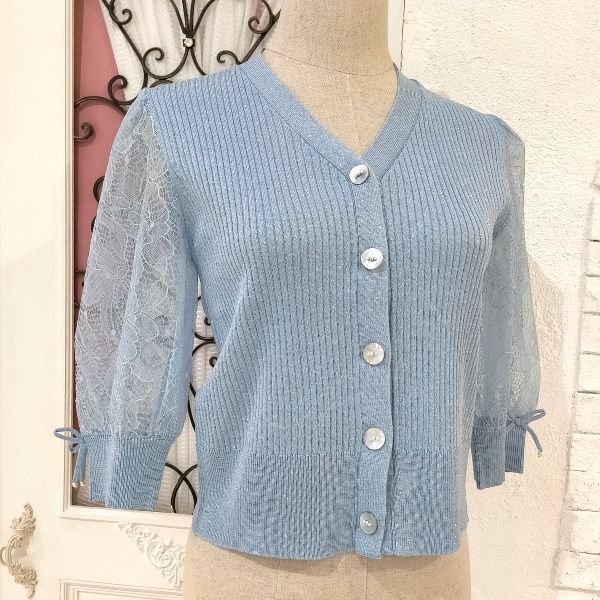 画像2: 【SuperBeauty  】袖レースラメ入りニットカーディガン (2)