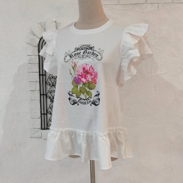 画像2: 【SuperBeauty  】フリル二重袖バラプリントTシャツ《送料220円代引は通常送料》 (2)