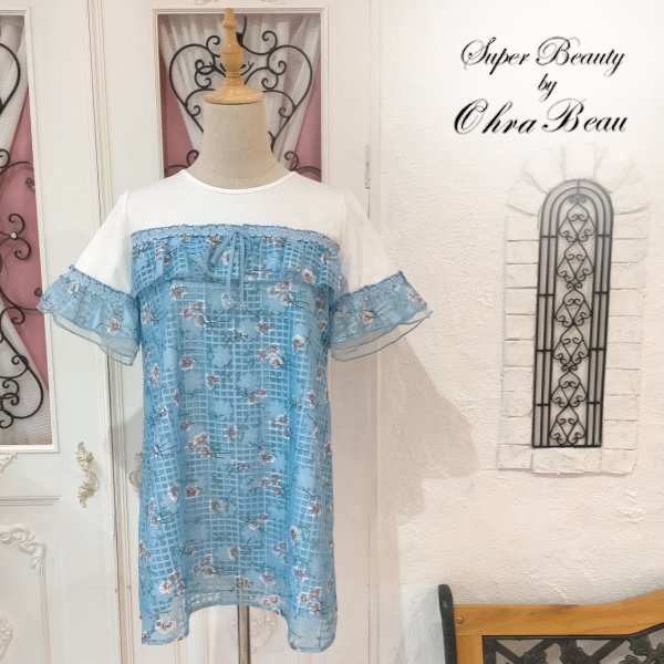 画像5: 【超特価 2900円<在庫限り>クーポン/POINT不可】格子柄花プリントレース切替チュニックカットソー《送料220円代引は通常送料》 (5)