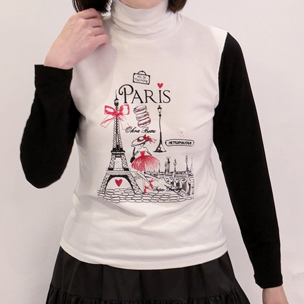 画像2: 【SuperBeauty  】胸元Paris刺繍袖パワーネット素材切替ニット (2)