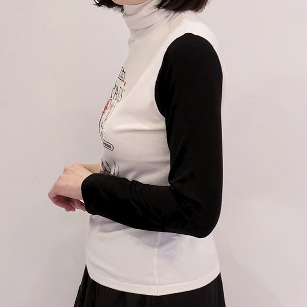 画像3: 【SuperBeauty  】胸元Paris刺繍袖パワーネット素材切替ニット (3)