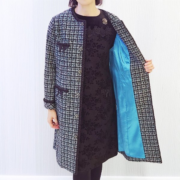 画像6: 【SuperBeauty  】コサージュ付ノーカラーツイードセミロングジャケット (6)