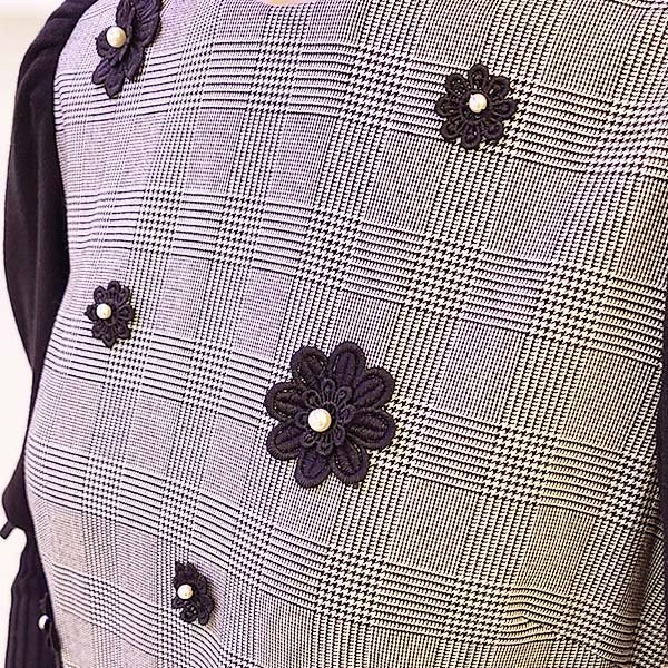 画像4: 【SuperBeauty  】グレンチェック花モチーフ付袖ニットワンピース (4)