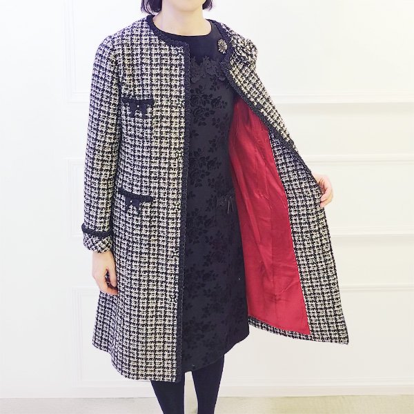 画像3: 【SuperBeauty  】コサージュ付ノーカラーツイードセミロングジャケット (3)