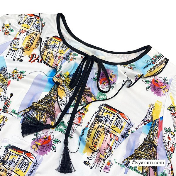 画像2: 【SuperBeauty  】Parisプリント使い裾レースワンピース (2)