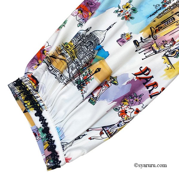 画像6: 【SuperBeauty  】Parisプリント使い裾レースワンピース (6)