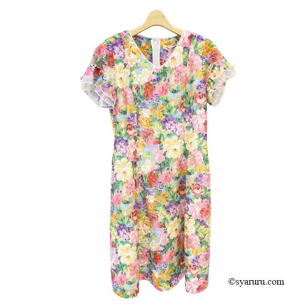 画像2: 【SuperBeauty  】多色大花プリントレース素材半袖ワンピース (2)
