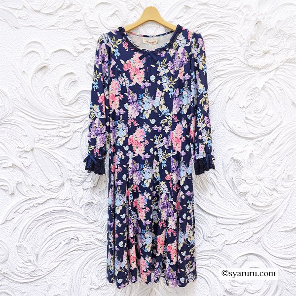 画像2: 【SuperBeauty  】袖先使い多色プリント長袖ワンピース (2)