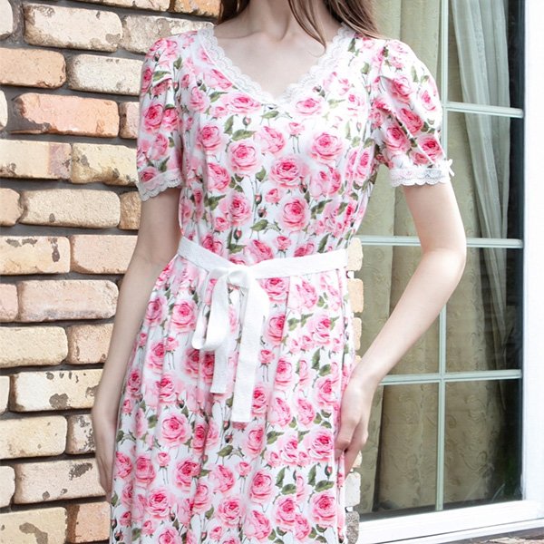 画像2: 【SuperBeauty  】バラ柄プリント半袖ワンピース (2)