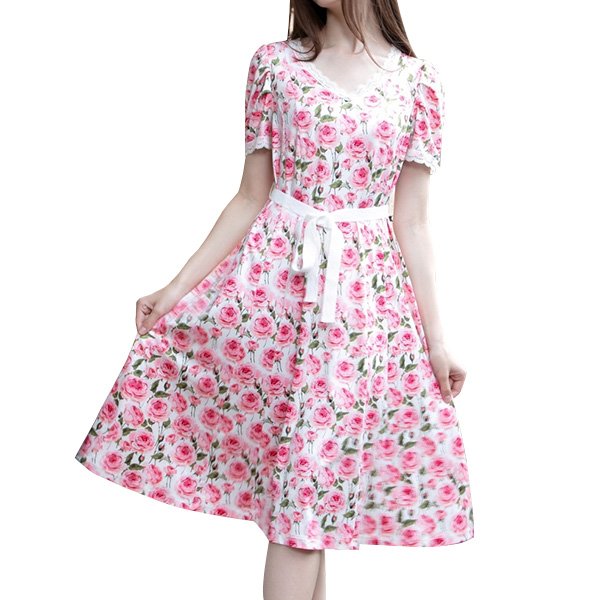 画像3: 【SuperBeauty  】バラ柄プリント半袖ワンピース (3)