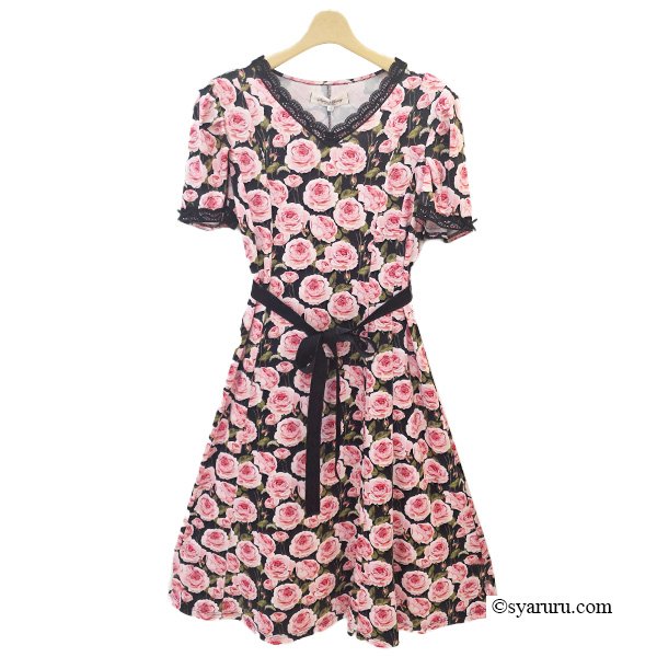 画像4: 【SuperBeauty  】バラ柄プリント半袖ワンピース (4)