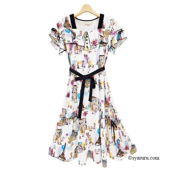 画像8: 【SuperBeauty  】Parisプリントスクエアネックワンピース (8)