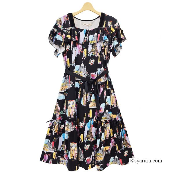 画像2: 【SuperBeauty  】Parisプリントスクエアネックワンピース (2)