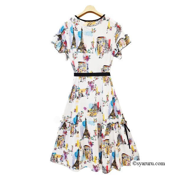 画像9: 【SuperBeauty  】Parisプリントスクエアネックワンピース (9)