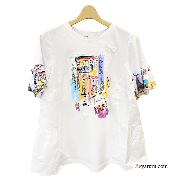 画像2: 【SuperBeauty  】Paris胸元プリント袖フリルロングTシャツ《送料220円代引は通常送料》 (2)