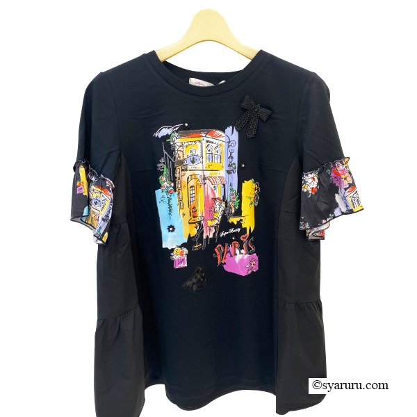 画像4: 【SuperBeauty  】Paris胸元プリント袖フリルロングTシャツ《送料220円代引は通常送料》 (4)