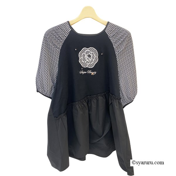 画像3: 【SuperBeauty  】袖ギンガムチェック柄胸元花デザインチュニックTシャツ《送料220円代引は通常送料》 (3)