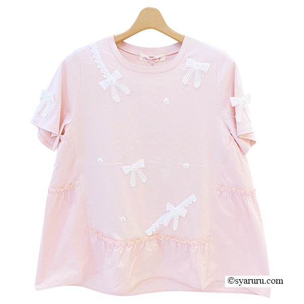 画像2: 【SuperBeauty  】リボンレースデザインロングTシャツ《送料220円代引は通常送料》 (2)