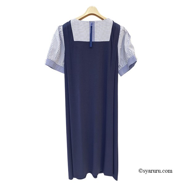 画像2: 【SuperBeauty  】ストライプ柄パフ袖ジャージ素材ロングワンピース (2)