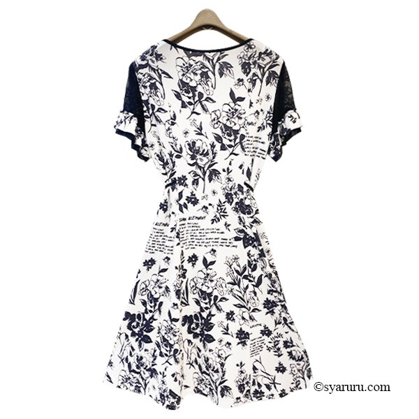 画像2: 【SuperBeauty  】レース切替モノトーン花プリントワンピース (2)