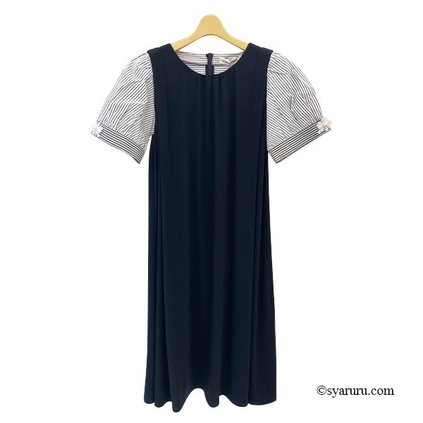 画像3: 【SuperBeauty  】ストライプ柄パフ袖ジャージ素材ロングワンピース (3)