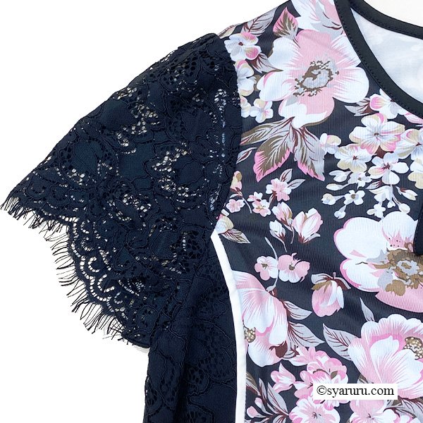 画像4: 【SuperBeauty  】レース切替フラワープリントチュニックＴシャツ (4)