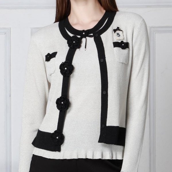 画像2: 【新作 SuperBeauty 2025秋冬 クーポン＆POINT可】ラメ入り配色デザイン花モチーフ付ニットアンサンブル (2)