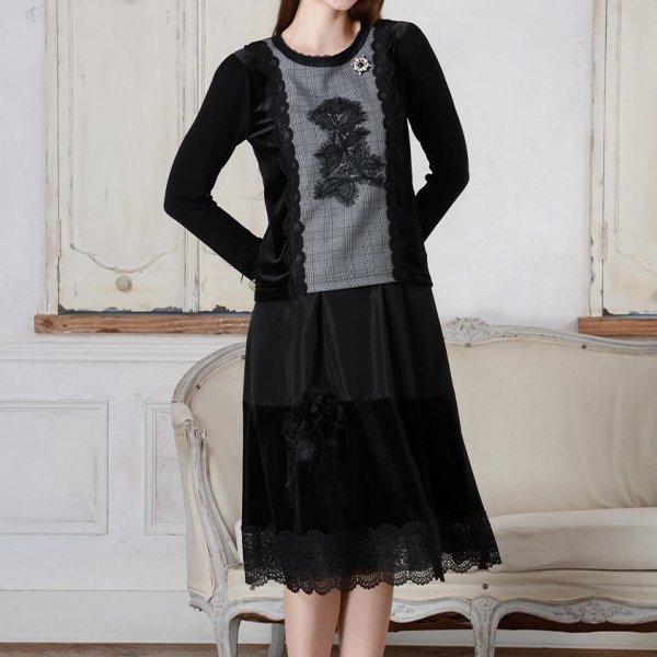 画像2: 【新作 SuperBeauty 2025秋冬 クーポン＆POINT可】ベロア袖×チェック柄胸元レース使いセーター (2)