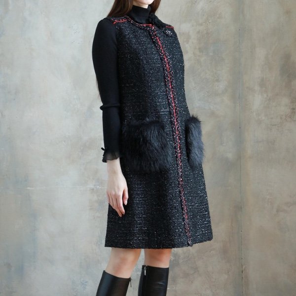 画像2: 【新作 SuperBeauty 2025秋冬 クーポン＆POINT可】ポケットファーデザインツイード素材ワンピース (2)