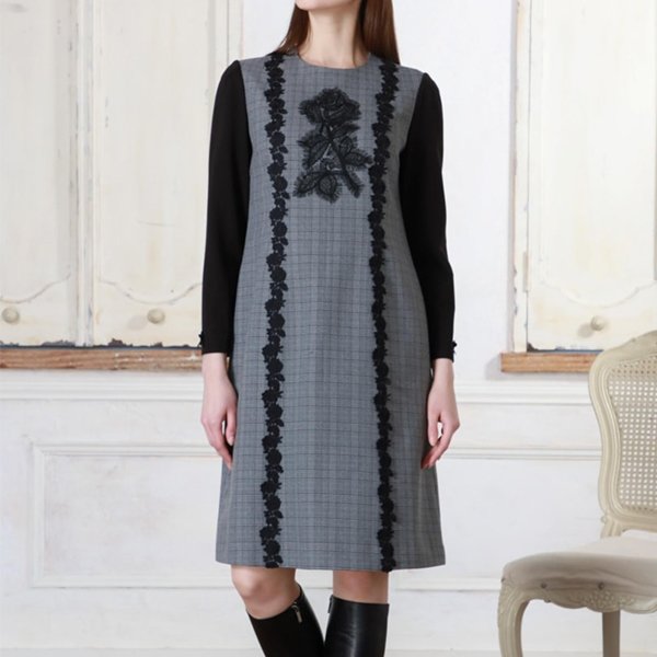 画像2: 【新作 SuperBeauty 2025秋冬 クーポン＆POINT可】チェック柄×レースモチーフ使いワンピース (2)