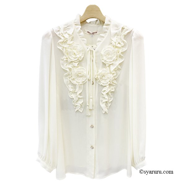 画像6: 【新作 SuperBeauty 2025秋冬 クーポン＆POINT可】胸元立体モチーフ使いフリル衿デザインブラウス (6)