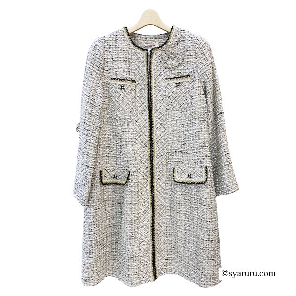 画像3: 【新作 SuperBeauty 2025秋冬 クーポン＆POINT可】ツイード生地ノーカラーロングジャケット (3)