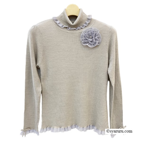 画像5: 【新作 SuperBeauty 2025秋冬 クーポン＆POINT可】コサージュ付き衿・袖先透かしフリルデザインネックセーター (5)