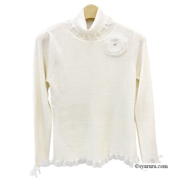 画像2: 【新作 SuperBeauty 2025秋冬 クーポン＆POINT可】コサージュ付き衿・袖先透かしフリルデザインネックセーター (2)