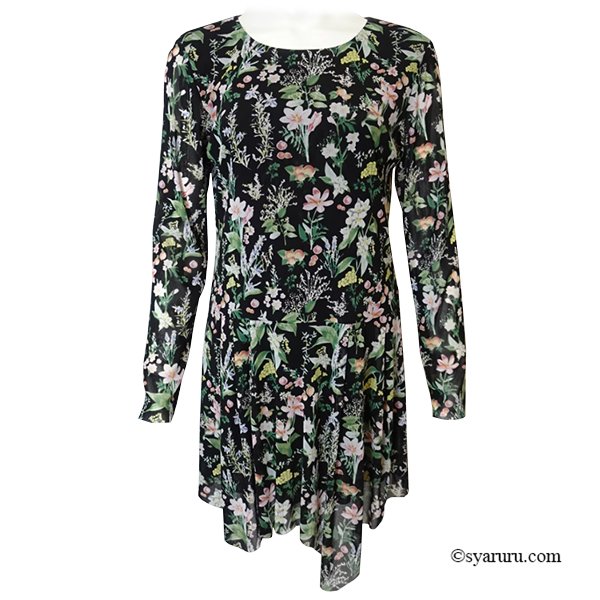 画像2: 【《新作》SuperBeauty クーポン1111(10%OFF)他　利用可】アシンメトリーヘム花柄プリントパワーネット素材チュニック (2)