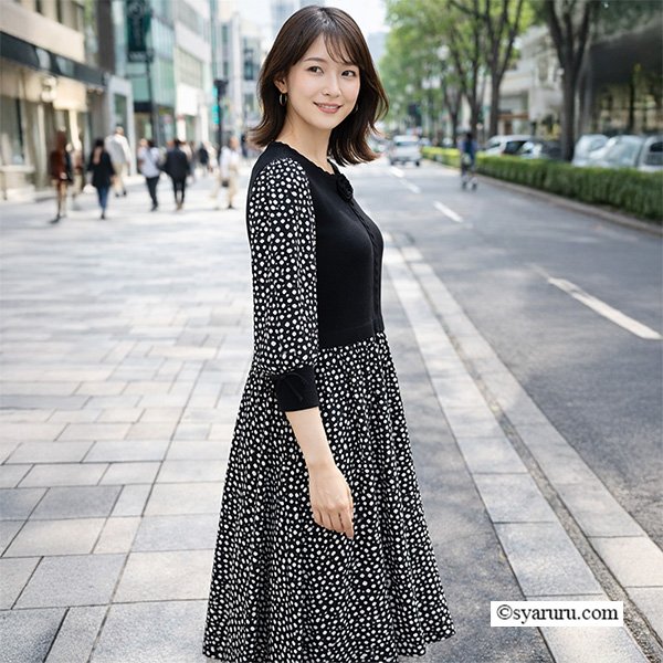 画像2: 【《新作》SuperBeauty クーポン1111(10%OFF)他　利用可】パールビーズ使いニットxドット柄切替ワンピース (2)