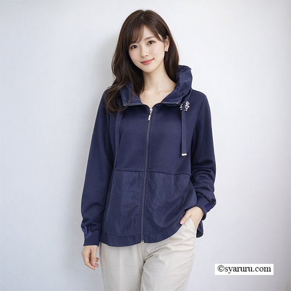 画像2: 【今週の追加SuperBeauty クーポン1111(10%OFF)他　利用可】衿フリル&リボン使いダンボールニットxタフタ素材ジャケット (2)