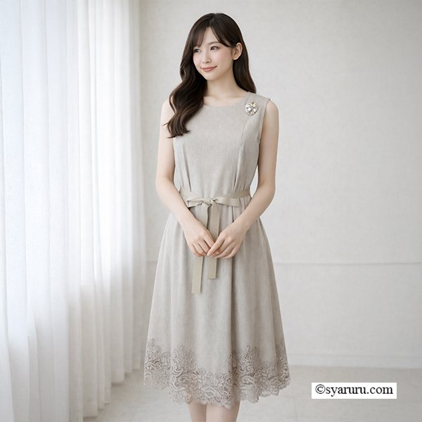 画像7: 【今週の追加《新作》SuperBeauty クーポン1111(10%OFF)他　利用可】デニム風転写プリント素材の裾レース使い ノースリーブワンピース (7)