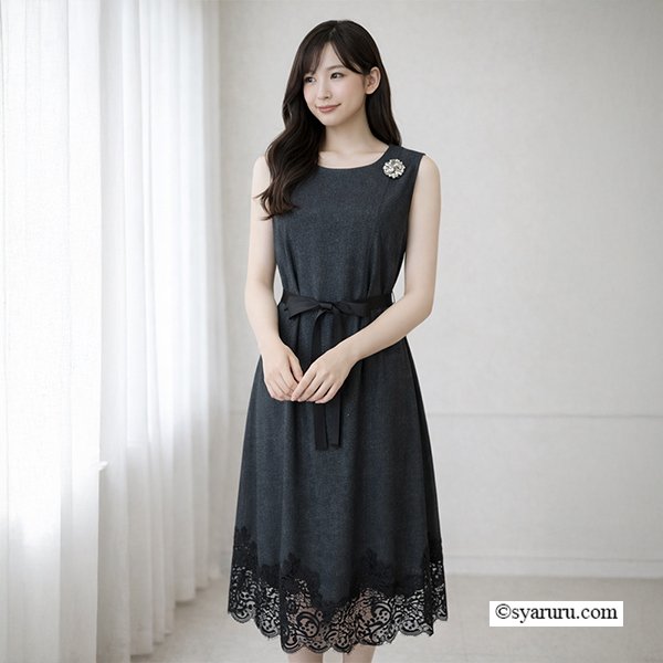 画像11: 【今週の追加《新作》SuperBeauty クーポン1111(10%OFF)他　利用可】デニム風転写プリント素材の裾レース使い ノースリーブワンピース (11)