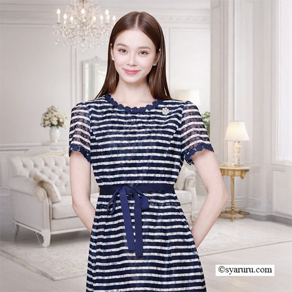 画像2: 【《新作》SuperBeauty クーポン1111(10%OFF)他　利用可】ボーダープリントレース素材半袖ワンピース (2)