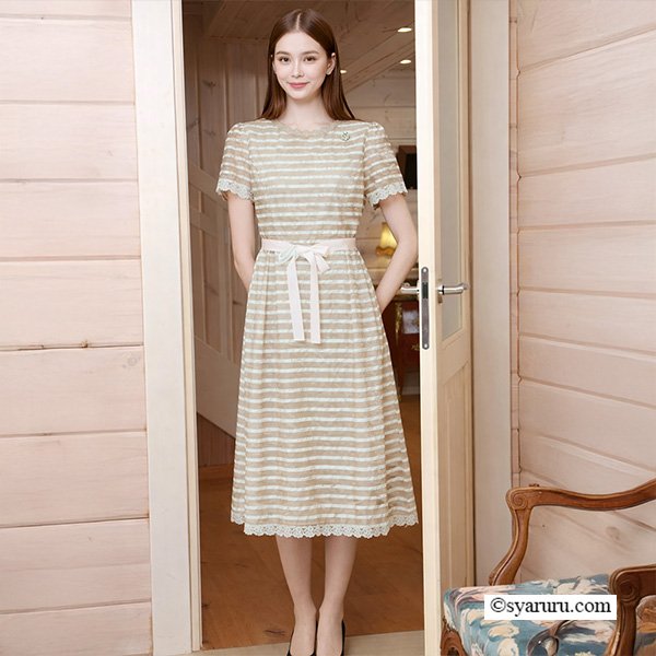 画像4: 【《新作》SuperBeauty クーポン1111(10%OFF)他　利用可】ボーダープリントレース素材半袖ワンピース (4)
